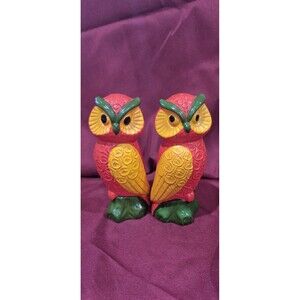 Owl Bird Retro Kitchy Orange Yellow Green Mid Century Salt & Pepper Shakers 4.75